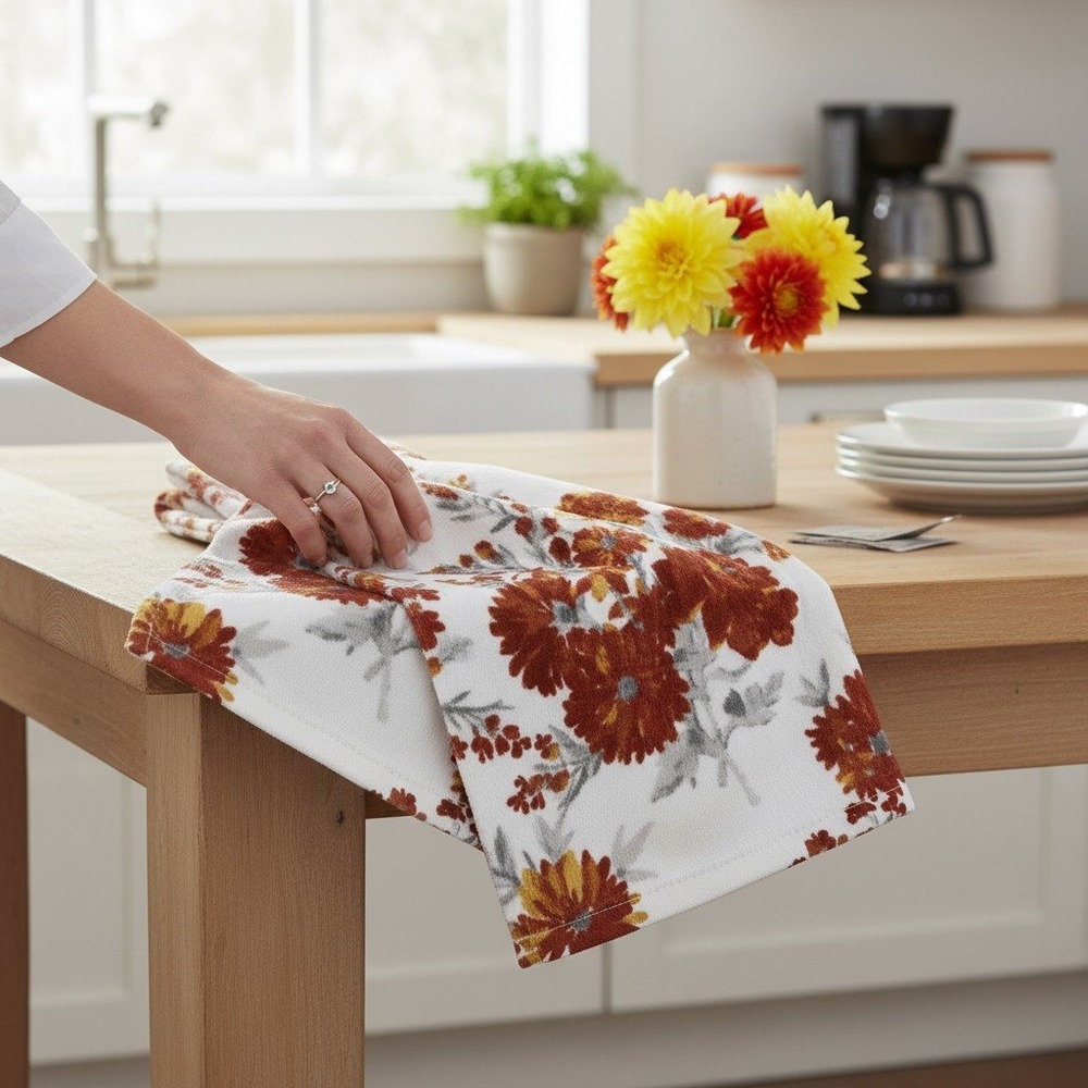 Haymarket Square Kitchen Towels Set of 2 White Orange Floral Brand New NWT